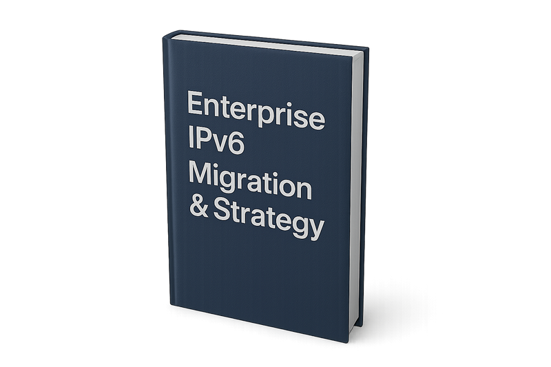 Create a navy blue book on a transparent background that says "Enterprise IPv6 Migration & Strategy